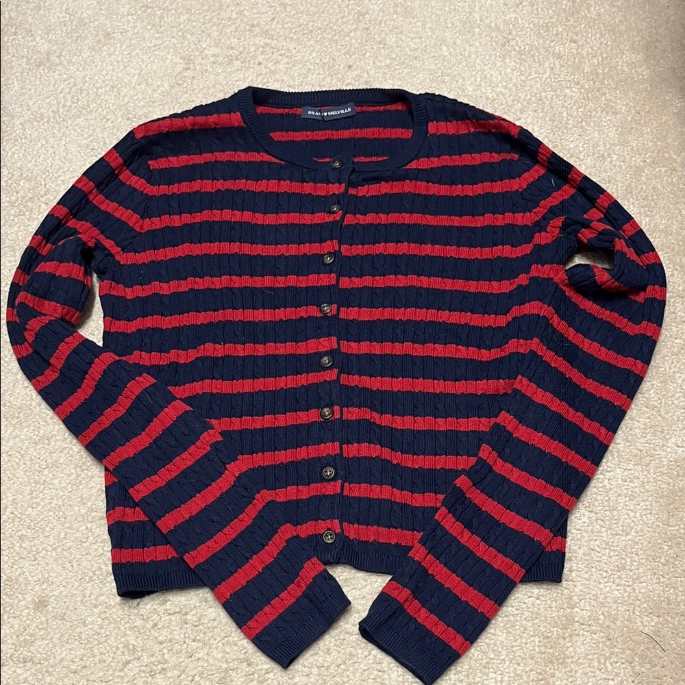 Brandy Melville Navy and Red Striped Button-Front Sweater